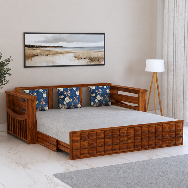 OSLO Solid Sheesham Wood 3 Seater Sofa Cum Bed With Mini Storage and Side Pockets - 3 Years Warranty