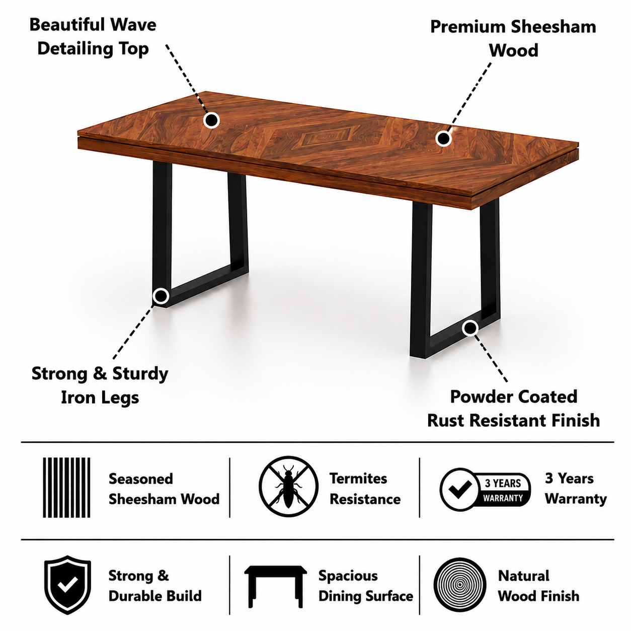 Wave Solid Sheesham Wood 6 Seater Dining Set With Iron Legs(Wave Detailing Top) - 3 Years Warranty features