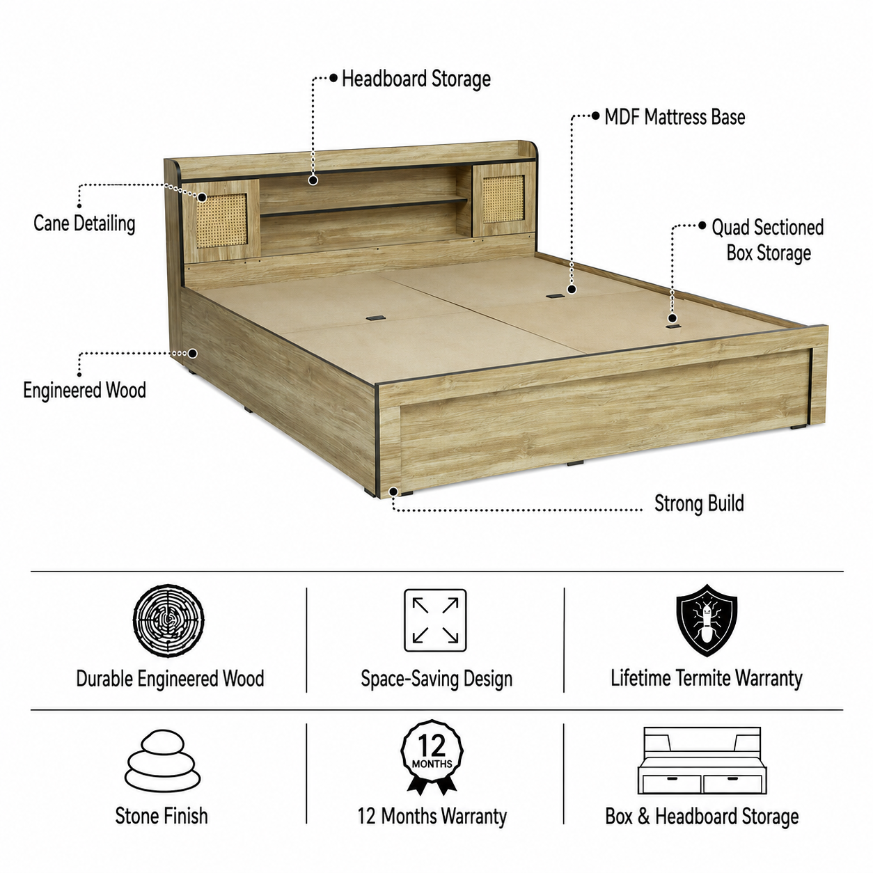 COPS Engineered Wood Bed with Box and Headboard Storage (STONE) - 12 Months Warranty features