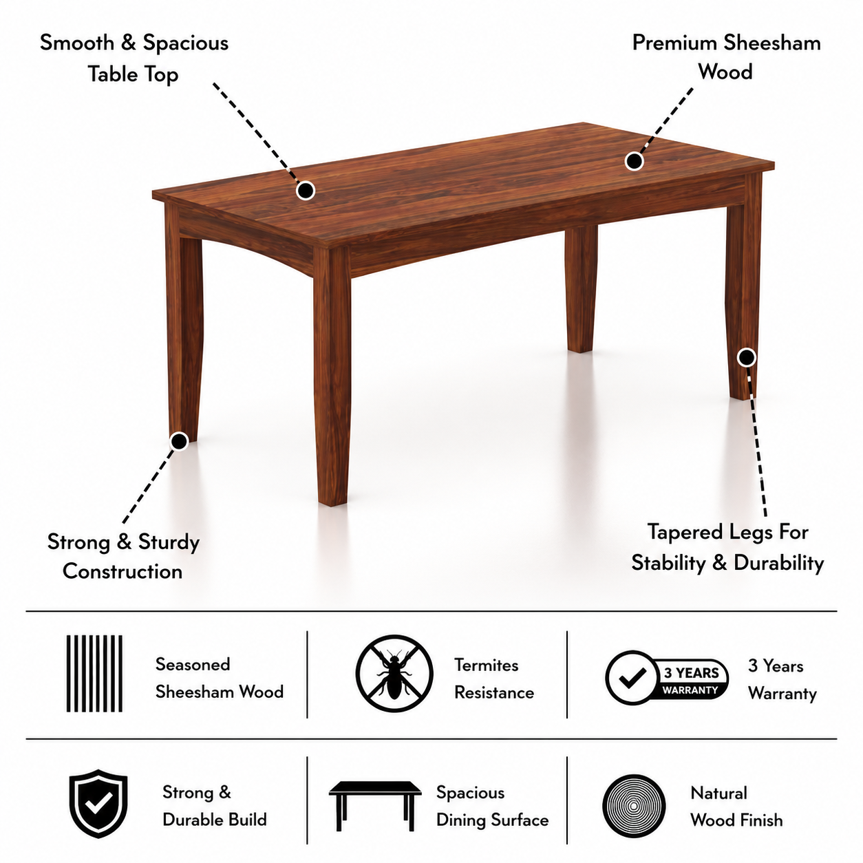Crown Solid Sheesham Wood 6 Seater Dining Table - 3 Years Warranty features