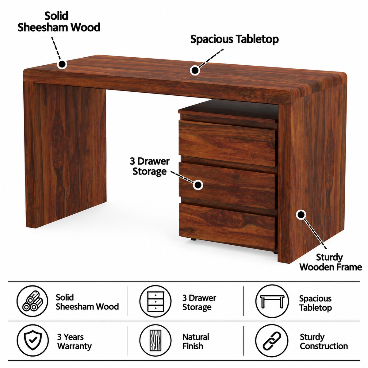 Jeshper Solid Sheesham Wood Study Table With Drawer Unit - 3 Years Warranty features