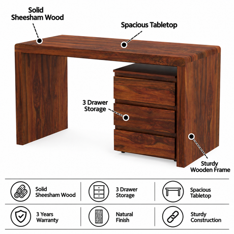 Jeshper Solid Sheesham Wood Study Table With Drawer Unit - 3 Years Warranty