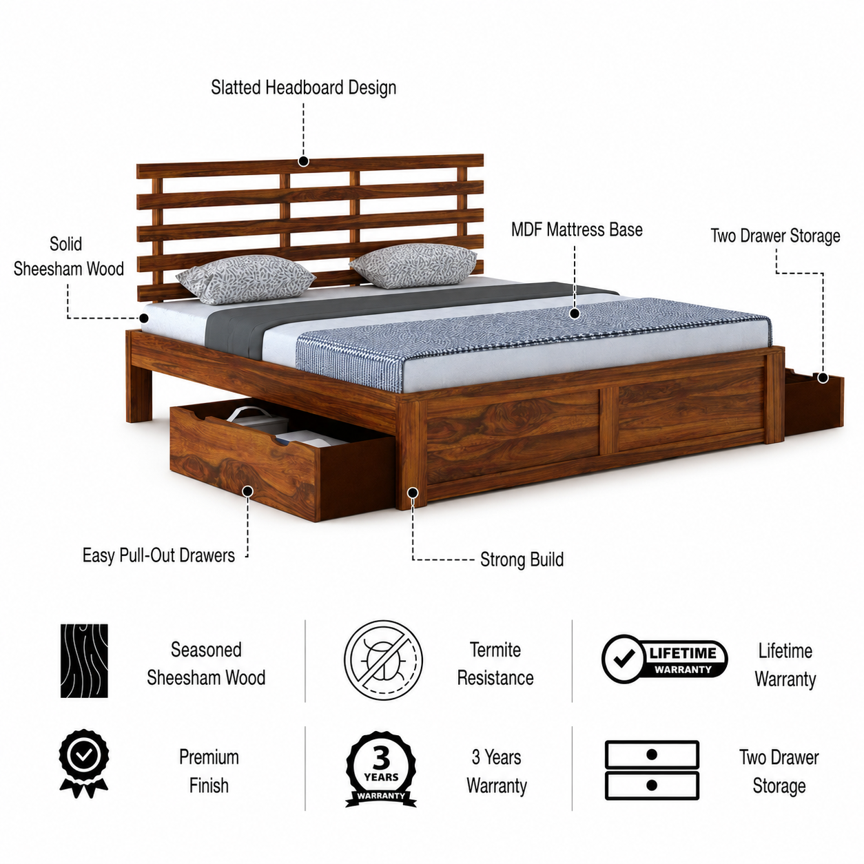 Strap Solid Sheesham Wood Bed With Two Drawer Storage - 3 Years Warranty features