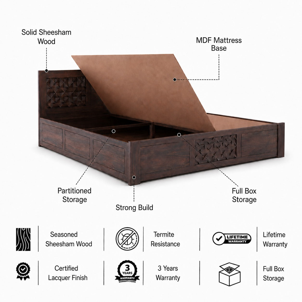 Raj Solid Sheesham Wood Full Box Storage Bed - 3 Years Warranty features