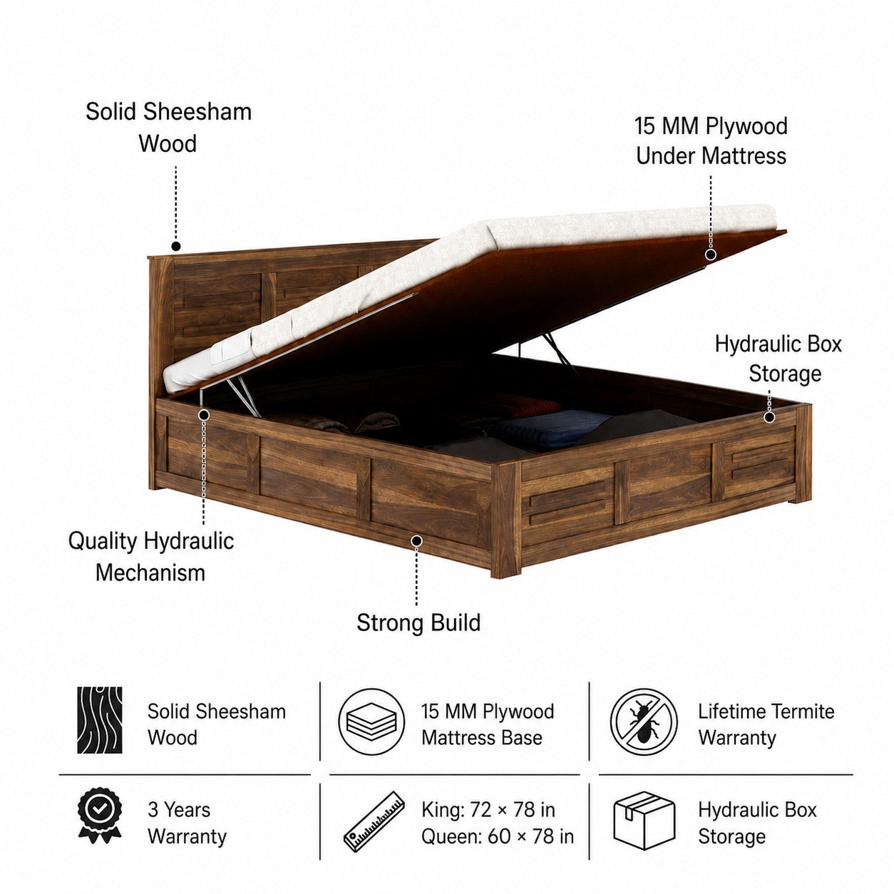 Swiss Solid Sheesham Wood Hydraulic Storage Bed - 3 years Warranty features