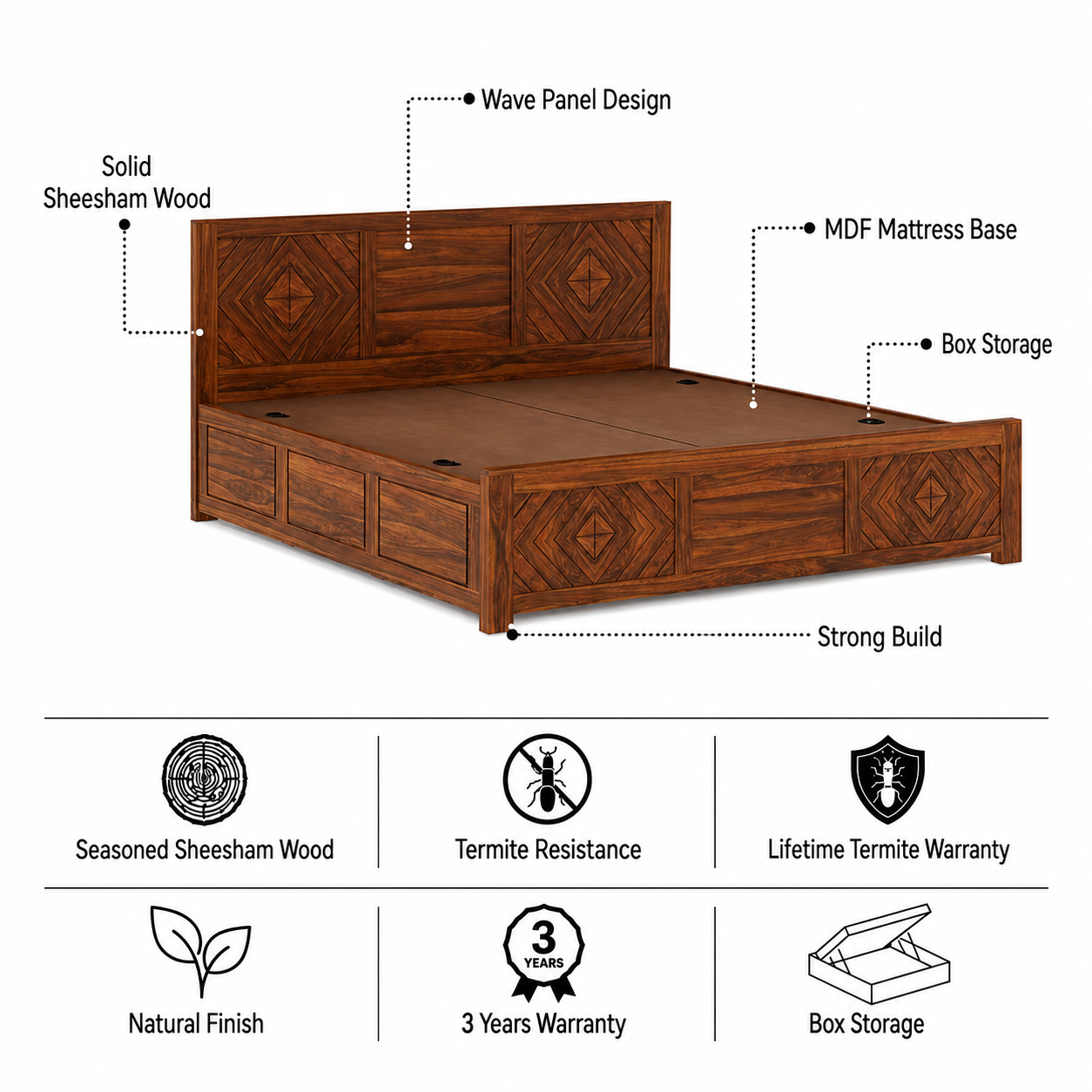 Wave Solid Sheesham Wood Bed with Box Storage - 3 Years Warranty features