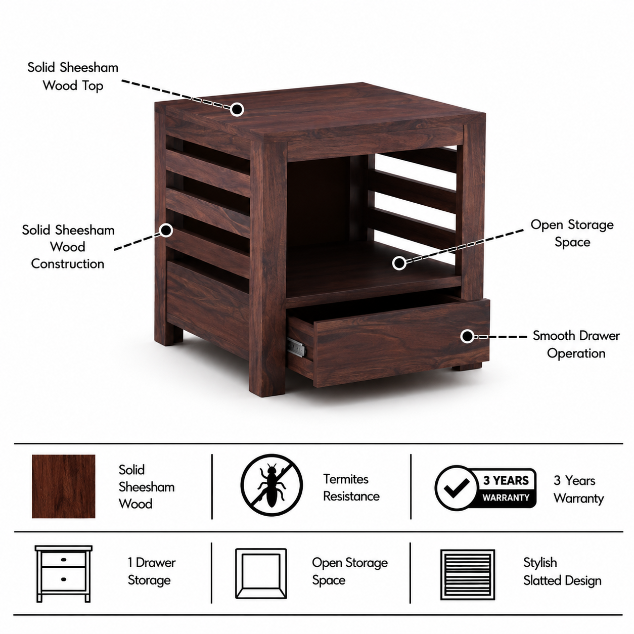 Cairo Solid Sheesham Wood Bedside Table With One Drawer Storage - 3 Years Warranty features