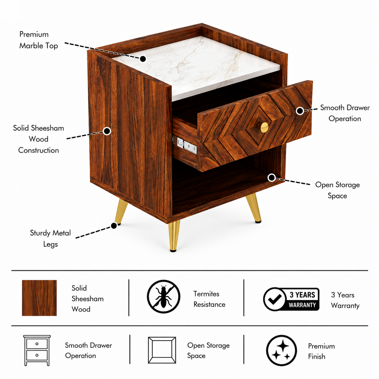 Wave Solid Sheesham Wood Bedside With Marble Top and Storage - 3 Years Warranty features