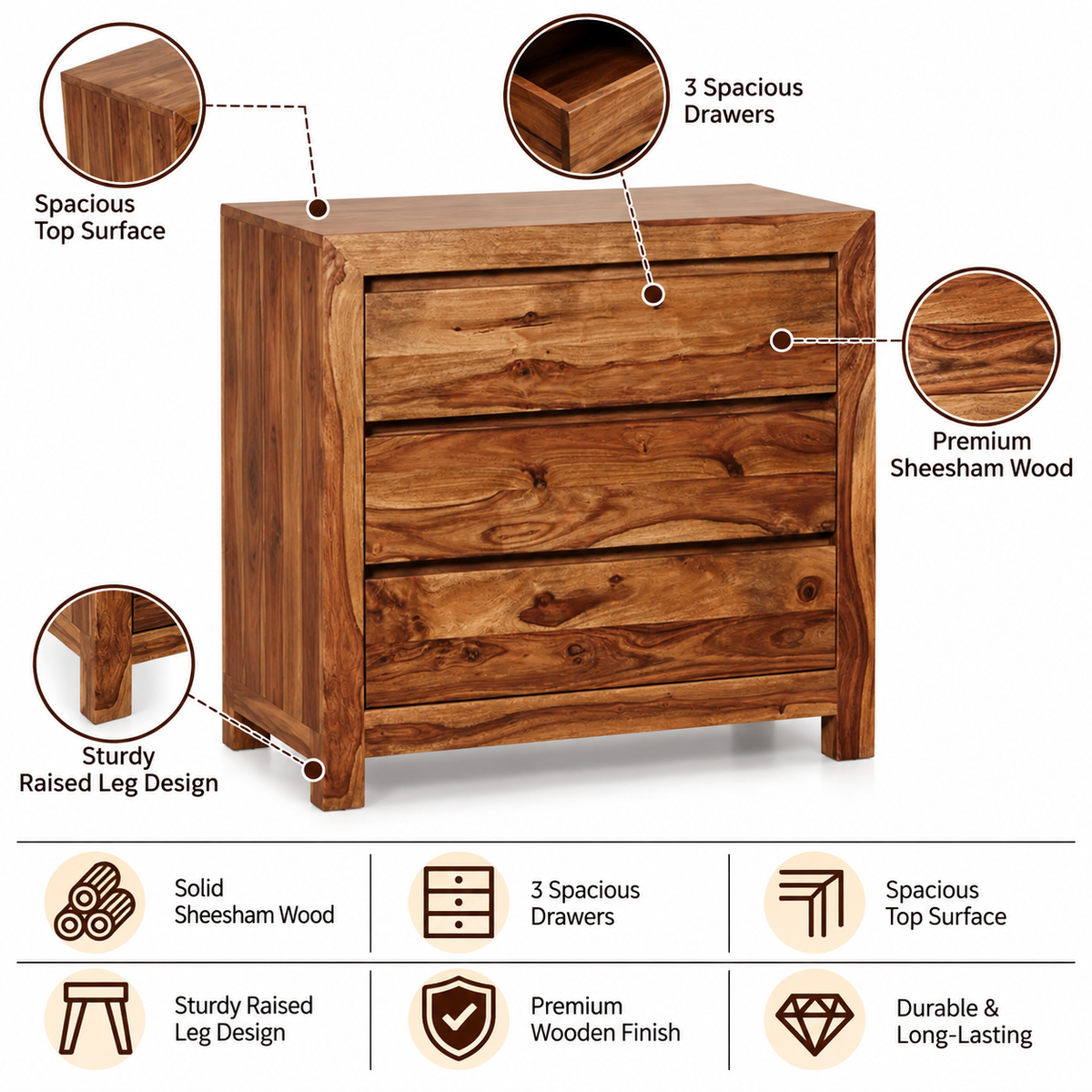Trace Solid Sheesham Wood Chest of Drawer - 3 Years Warranty
