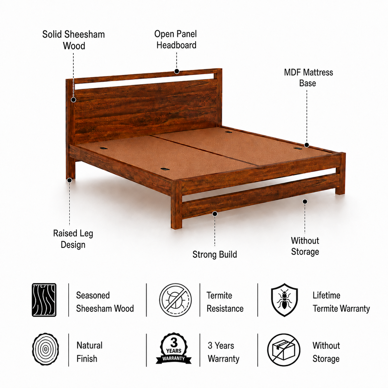 Jaipur Solid Wood Bed Without Storage - 3 Years Warranty features