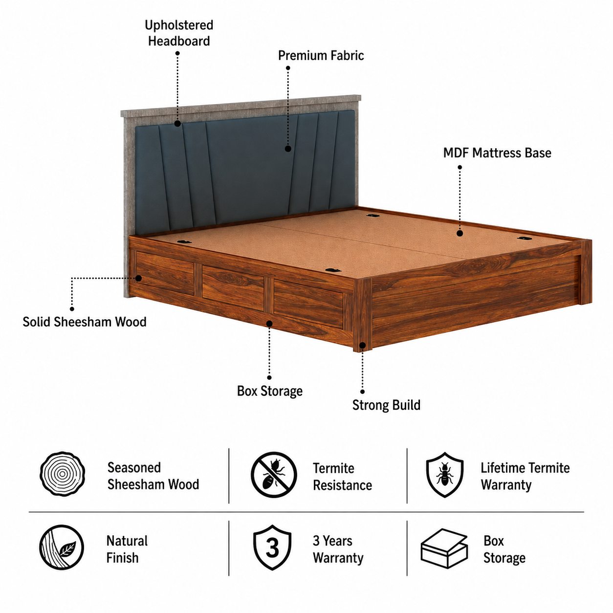 Emporio Solid Sheesham Wood Bed With Box Storage & Upholstered Headboard-3 years Warranty(LUXE EDITION) features