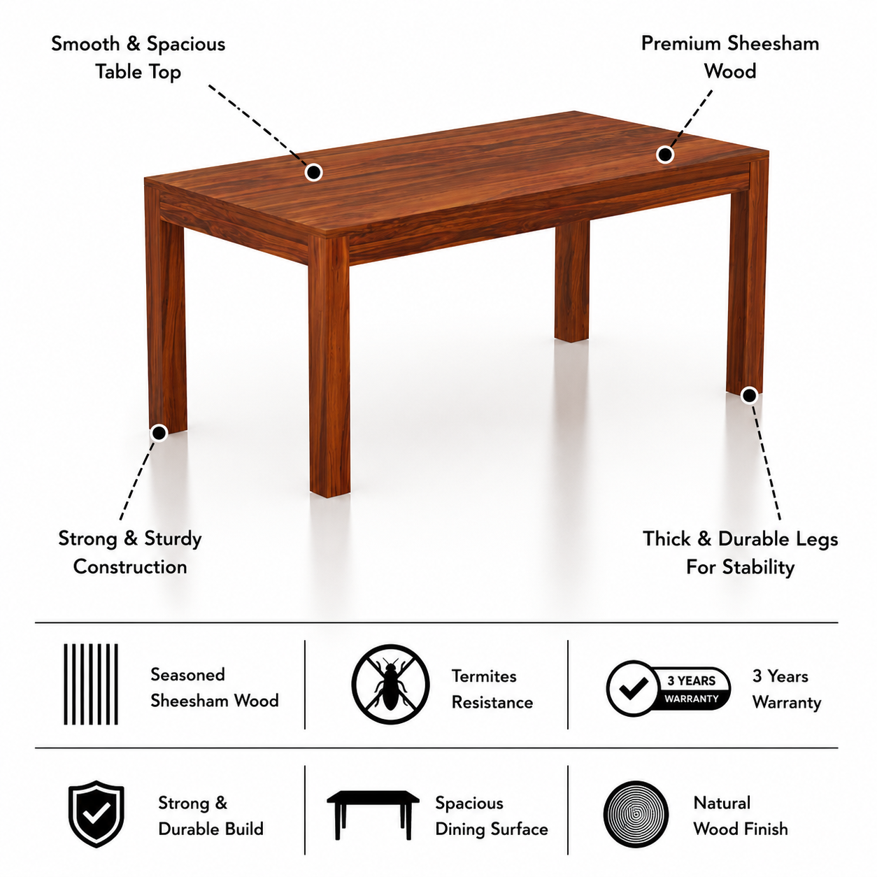 Maldives Solid Sheesham Wood 6 Seater Dining Table Set - 3 Years Warranty features