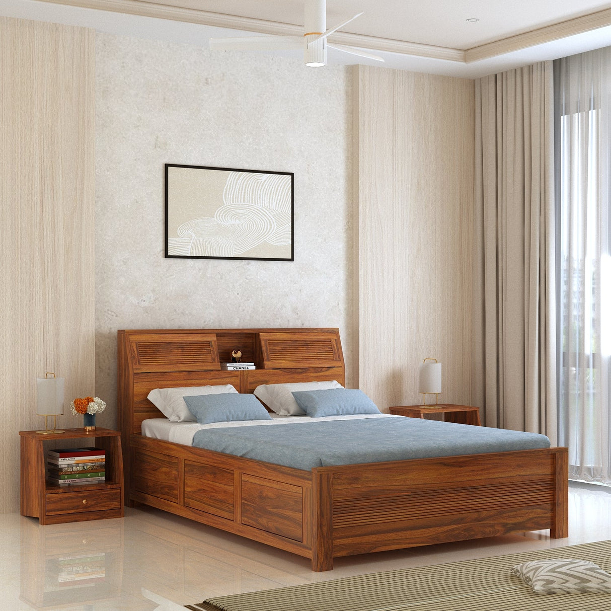 Marine Groove Solid Sheesham Wood Bed With Box Storage(Large Headrest) - 3 years Warranty