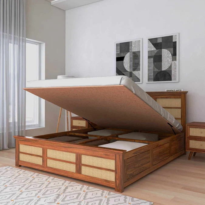 Syrus Solid Sheesham Wood Cane Bed With Hydraulic Storage Bed - 3 Years Warranty features