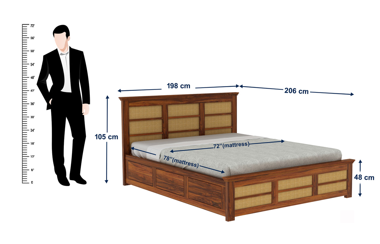 Syrus Solid Sheesham Wood Cane Bed With Hydraulic Storage Bed - 3 Years Warranty
