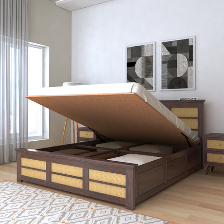 Syrus Solid Sheesham Wood Cane Bed With Hydraulic Storage Bed - 1 Year Warranty