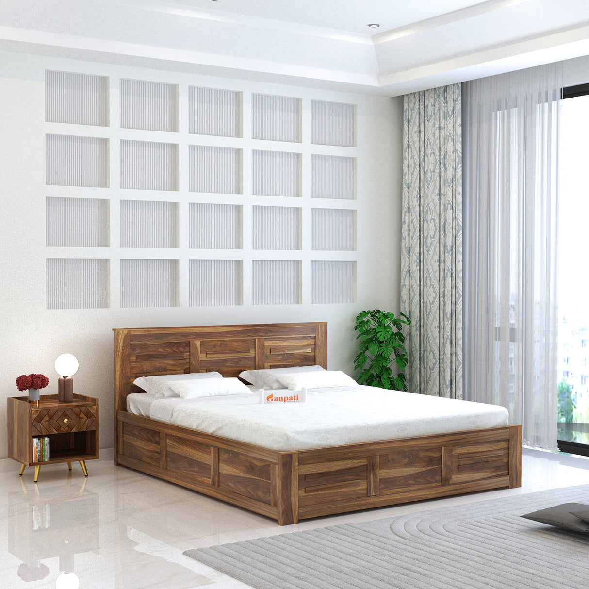 Swiss Solid Sheesham Wood Box Storage Bed - 1 Year Warranty