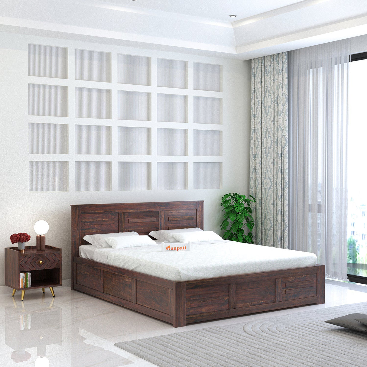 Swiss Solid Sheesham Wood Box Storage Bed - 3 years Warranty