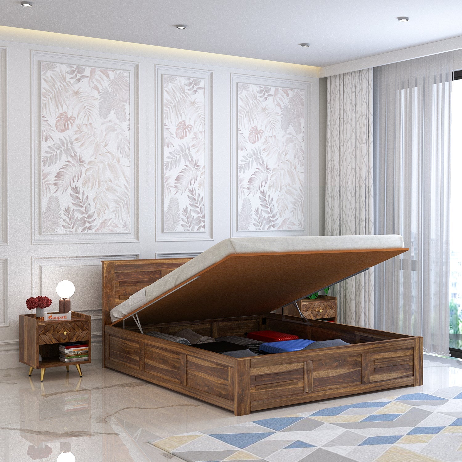 Swiss Solid Sheesham Wood Hydraulic Storage Bed - 3 years Warranty