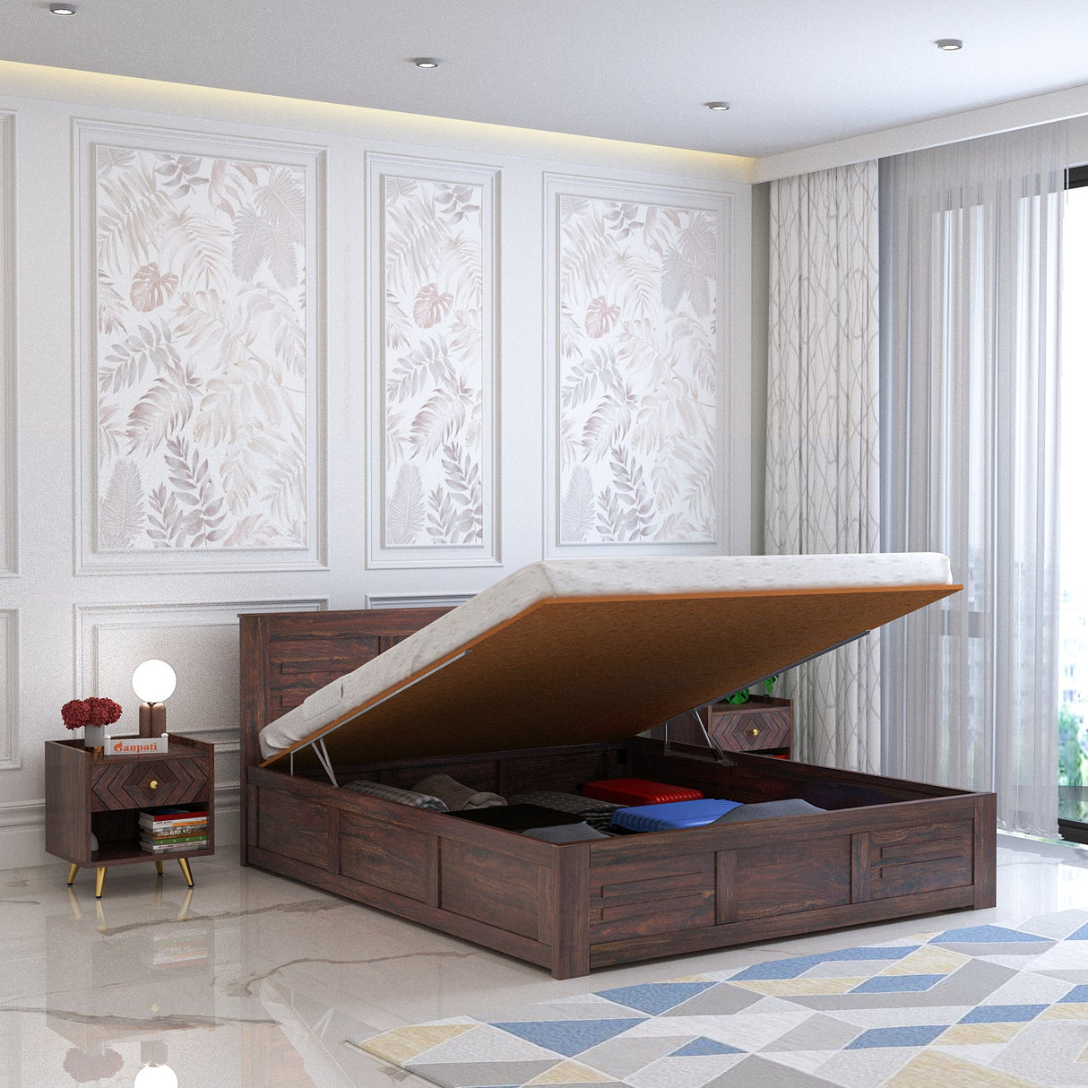 Swiss Solid Sheesham Wood Hydraulic Storage Bed - 3 years Warranty