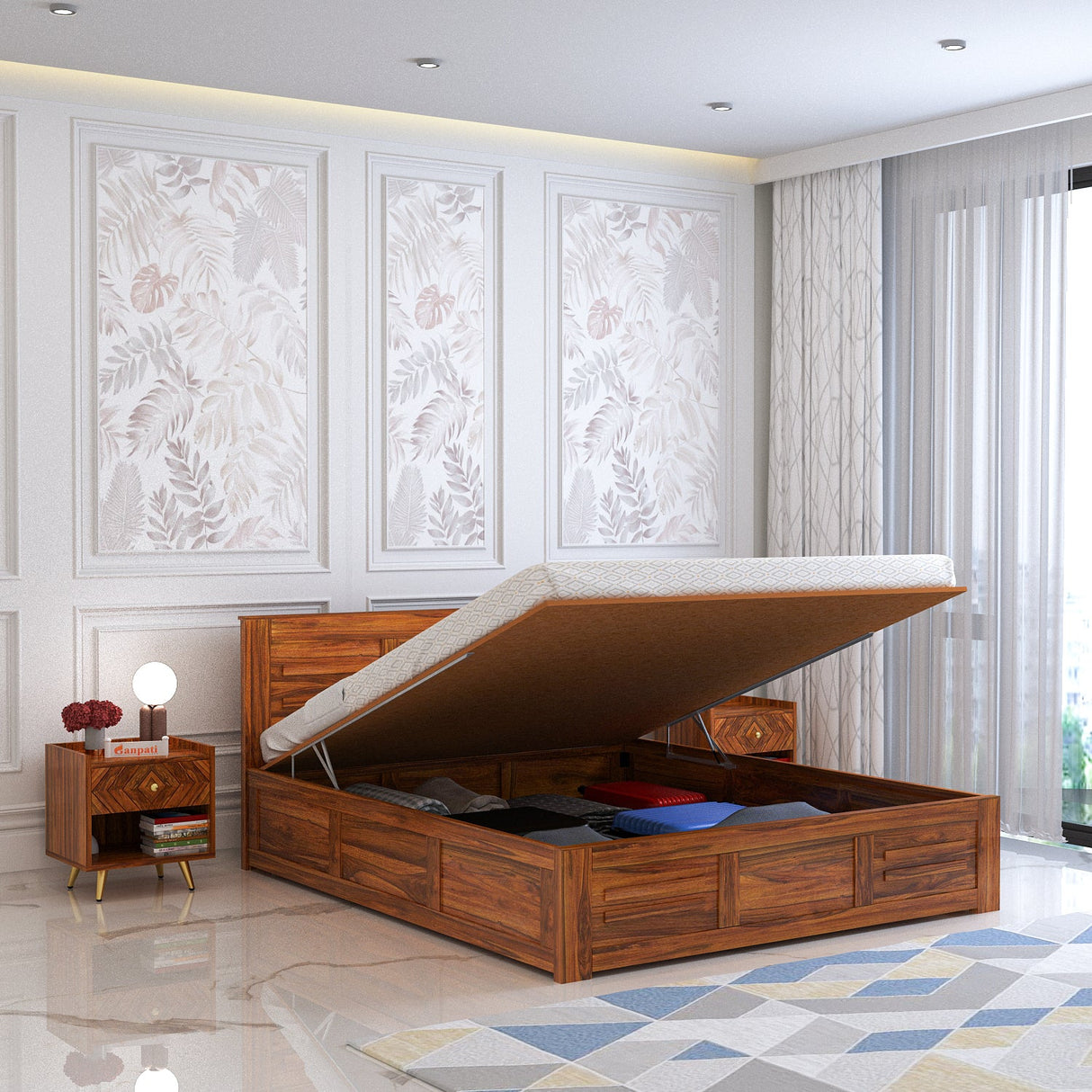 Swiss Solid Sheesham Wood Hydraulic Storage Bed - 3 years Warranty