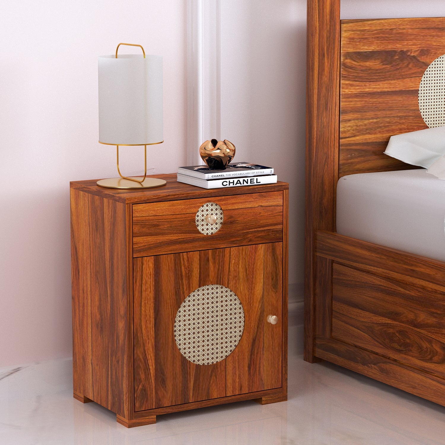 Cosmos Cane Solid Sheesham Wood Bedside With Drawer and Door Storage - 3 years Warranty