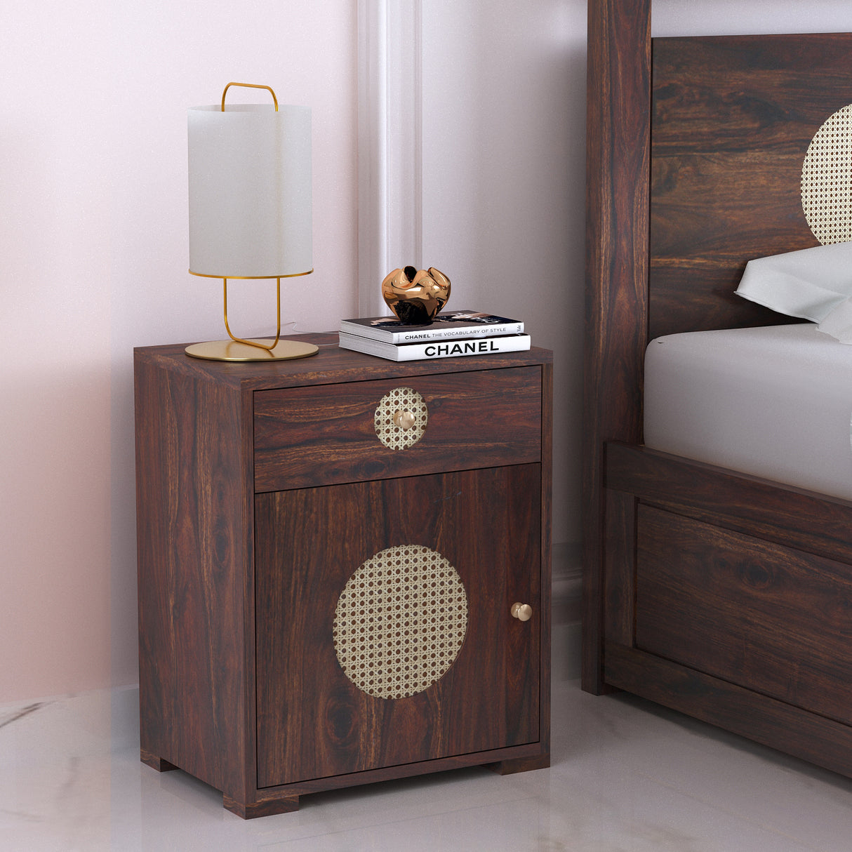 Cosmos Cane Solid Sheesham Wood Bedside With Drawer and Door Storage - 1 Year Warranty