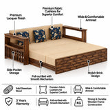 Italian Solid Sheesham Wood 3 Seater Sofa Cum Bed With Side Pockets and Fabric at Back- 3 years Warranty