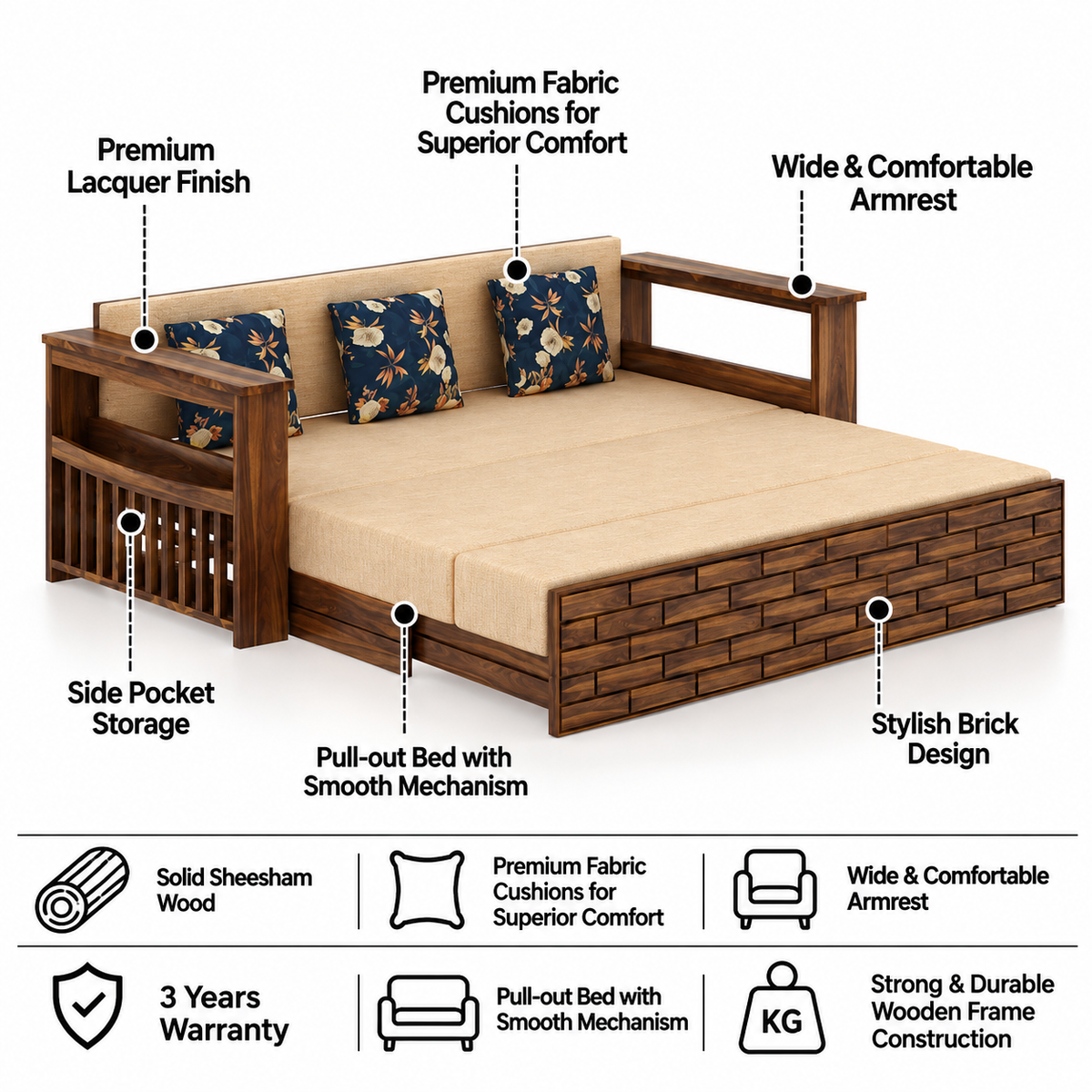 COSMOS Solid Sheesham Wood 3 Seater Sofa Cum Bed with Headboard Design - 3 years Warranty brand comparison