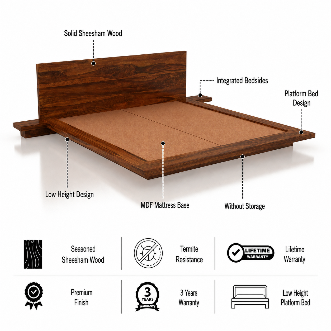 Lurid Solid Sheesham Wood Low Height Platform Bed with bedsides - 3 years Warranty features