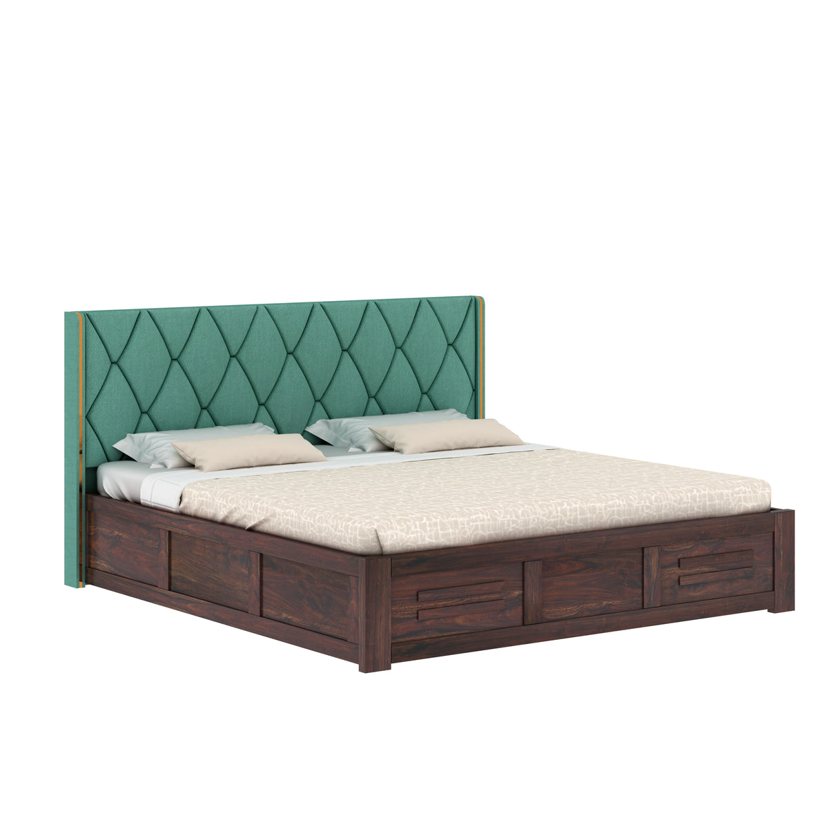 Swiss Solid Sheesham Wood Bed With Box Storage & Eifle Style Upholstered Headboard-3 years Warranty(LUXE EDITION)