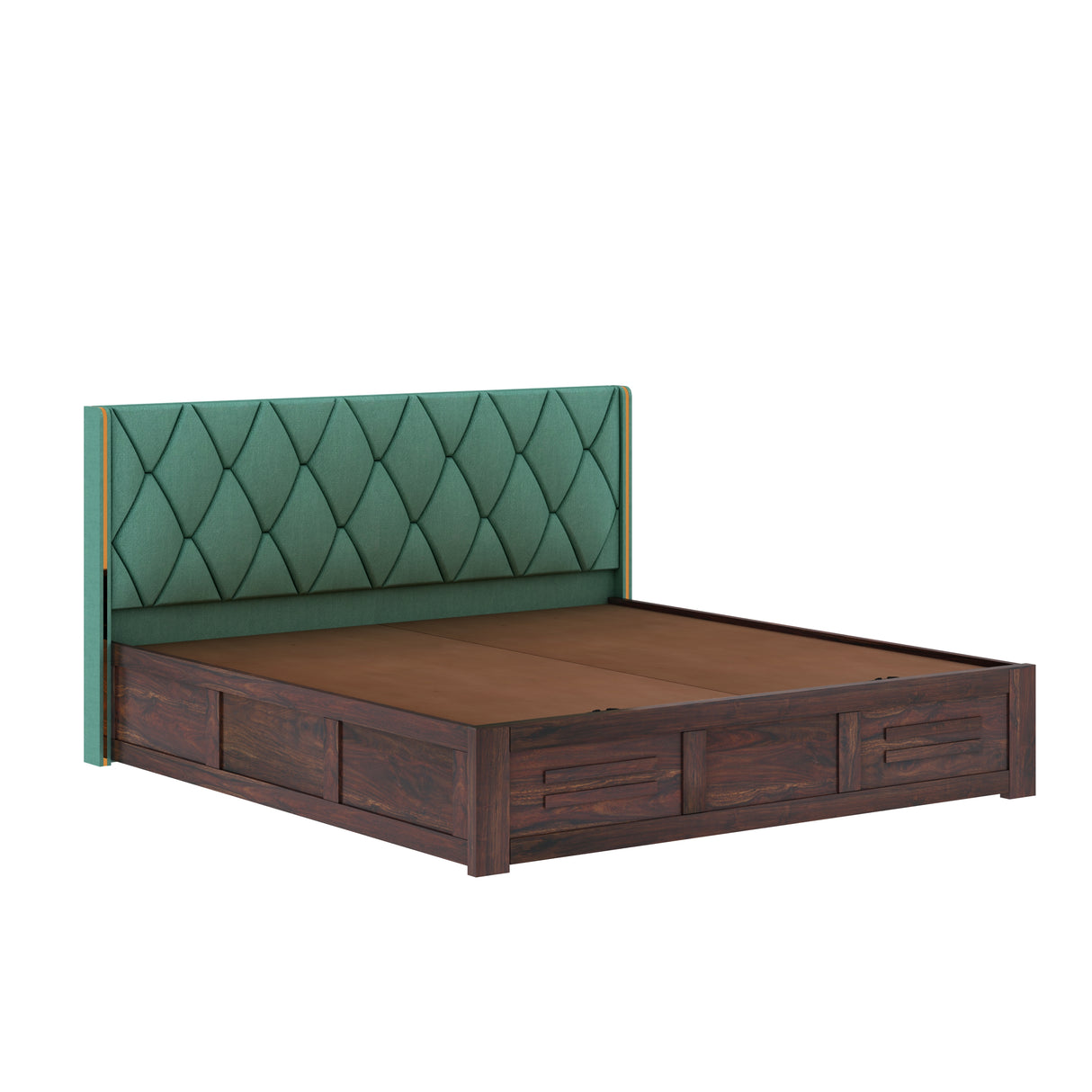 Swiss Solid Sheesham Wood Bed With Box Storage & Eifle Style Upholstered Headboard-3 years Warranty(LUXE EDITION)