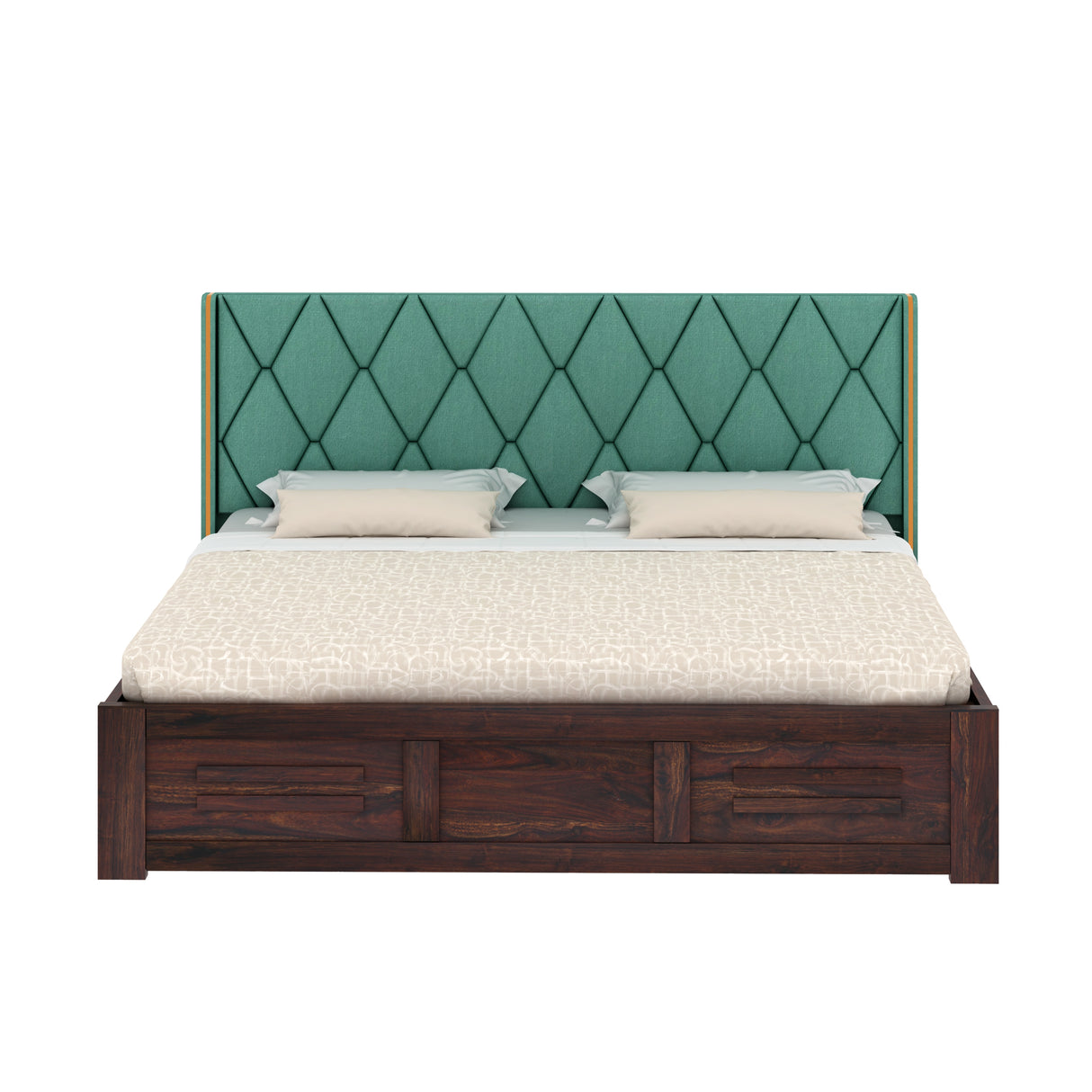 Swiss Solid Sheesham Wood Bed With Box Storage & Eifle Style Upholstered Headboard-3 years Warranty(LUXE EDITION)