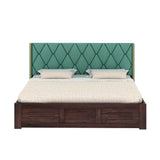 Swiss Solid Sheesham Wood Bed With Box Storage & Eifle Style Upholstered Headboard-3 years Warranty(LUXE EDITION)