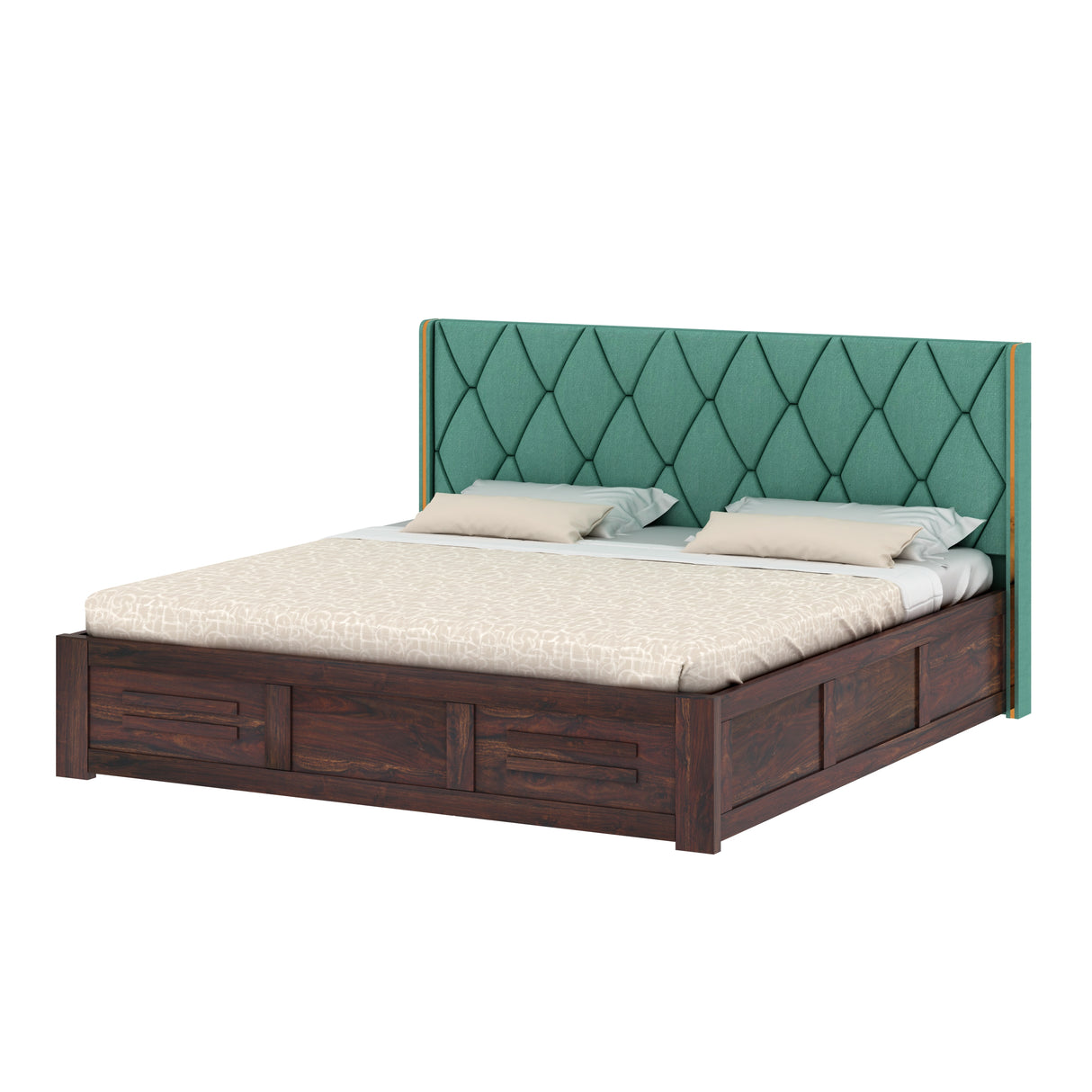 Swiss Solid Sheesham Wood Bed With Box Storage & Eifle Style Upholstered Headboard-3 years Warranty(LUXE EDITION)