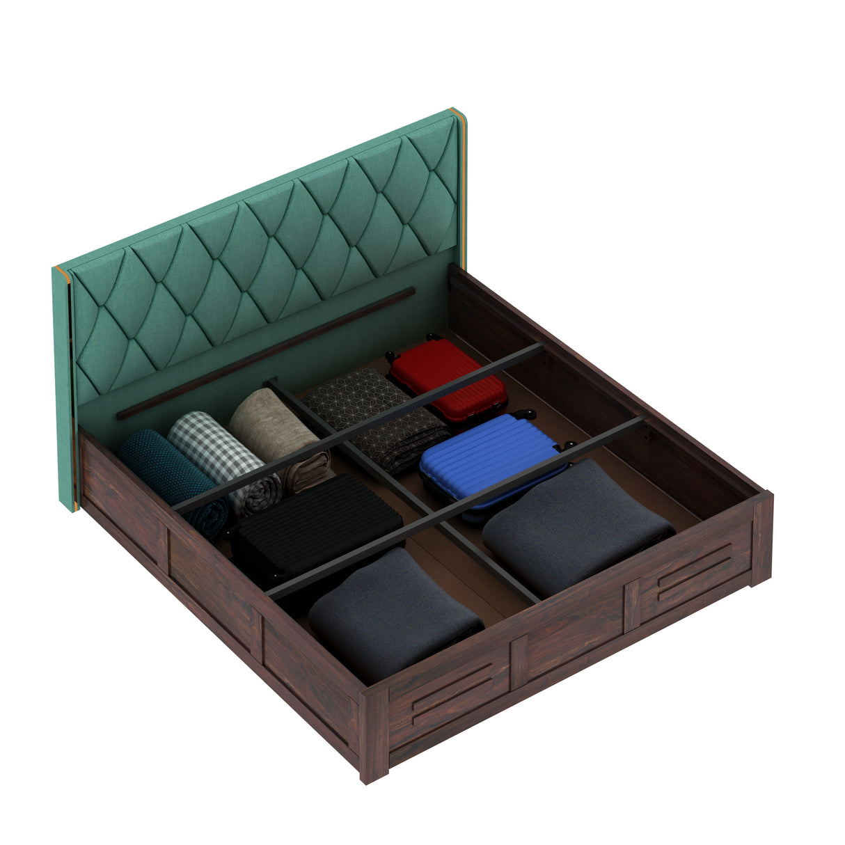Swiss Solid Sheesham Wood Bed With Box Storage & Eifle Style Upholstered Headboard-3 years Warranty(LUXE EDITION)