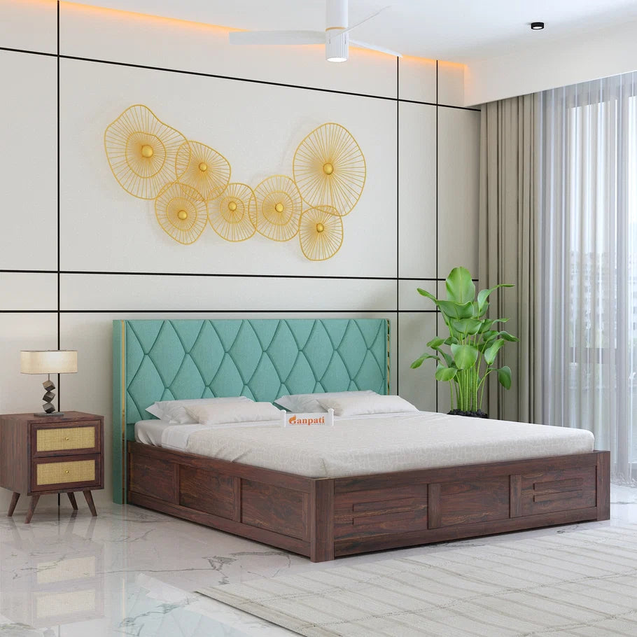 Swiss Solid Sheesham Wood Bed With Box Storage & Eifle Style Upholstered Headboard-3 years Warranty(LUXE EDITION) features