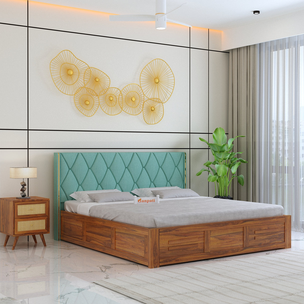 Swiss Solid Sheesham Wood Bed With Box Storage & Eifle Style Upholstered Headboard-3 years Warranty(LUXE EDITION)