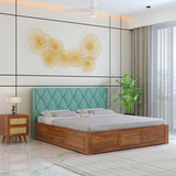 Swiss Solid Sheesham Wood Bed With Box Storage & Eifle Style Upholstered Headboard-3 years Warranty(LUXE EDITION)