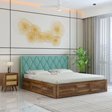Swiss Solid Sheesham Wood Bed With Box Storage & Eifle Style Upholstered Headboard-3 years Warranty(LUXE EDITION)
