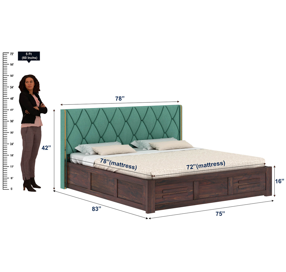 Swiss Solid Sheesham Wood Bed With Box Storage & Eifle Style Upholstered Headboard-3 years Warranty(LUXE EDITION)