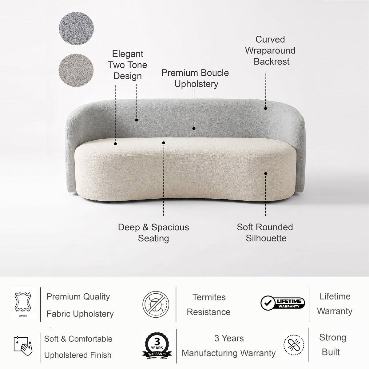 Rosky Three Seater Upholstered Sofa Bouclé - 12 Months Warranty