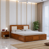 Swiss Solid Sheesham Wood Box Storage Bed With Upholstered Backrest - 3 years Warranty