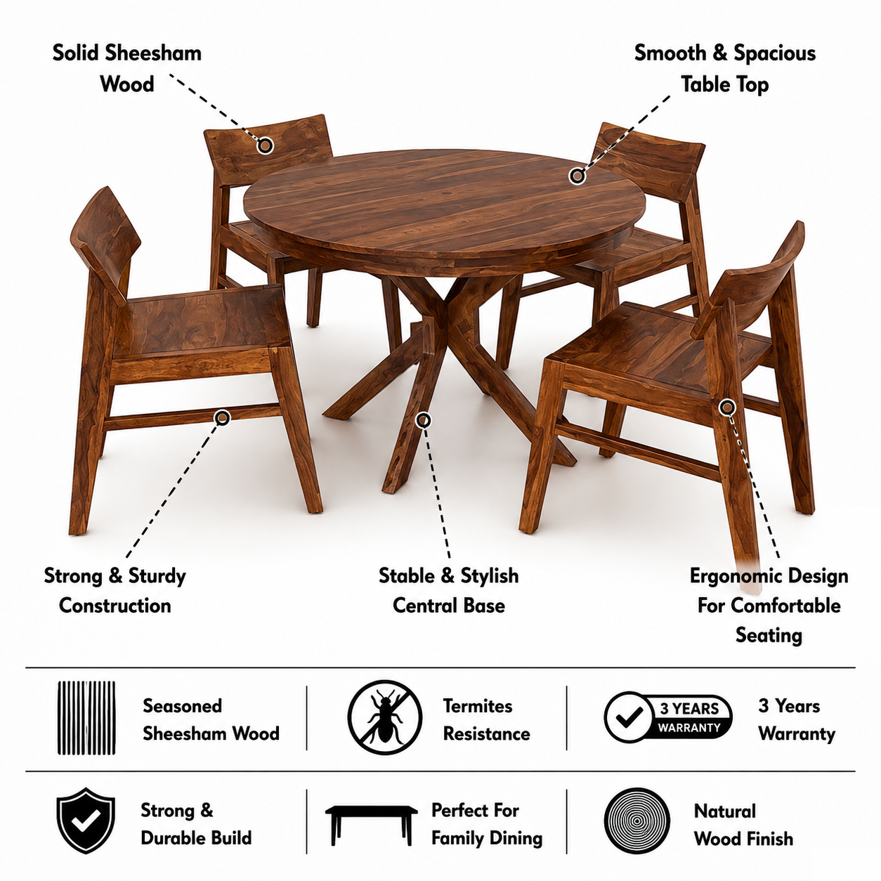Rio Oval Solid Sheesham Wood 4 Seater Dining Table Set - 3 Years Warranty features