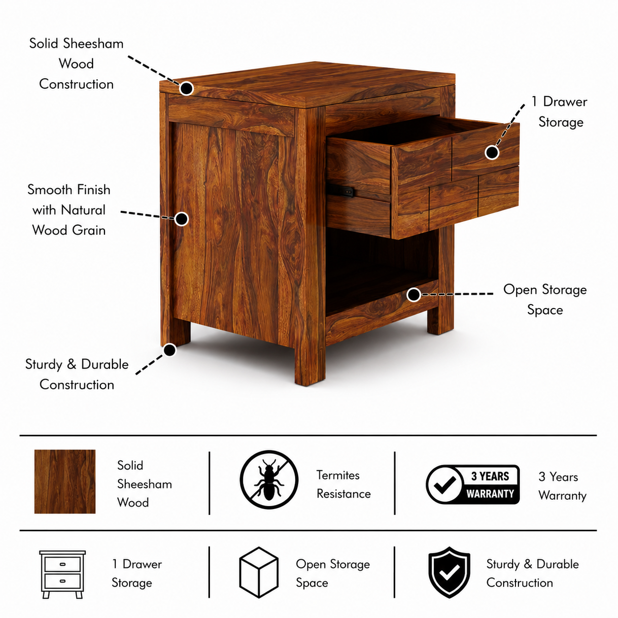 Italian Solid Sheesham Wood Bedside With One Drawer Storage - 3 Years Warranty features