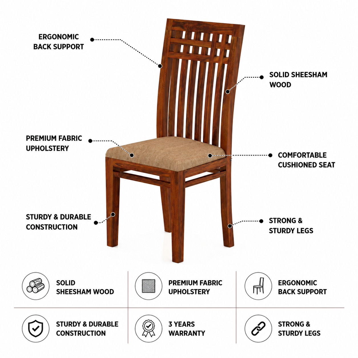 Armania Solid Sheesham Wood Dining Chair - 3 Years Warranty features