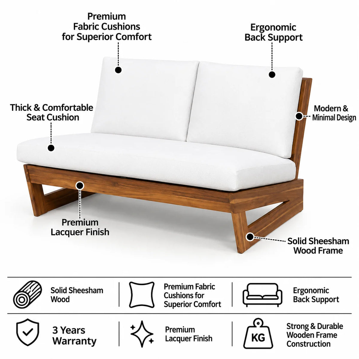 Vegas Solid Sheesham Wood 2 Seater Lounge Sofa - 3 Years Warranty
