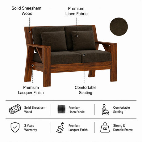 CIZAR Solid Sheesham Wood 2 Seater Sofa - 3 Year Warranty (LUXE EDITION)