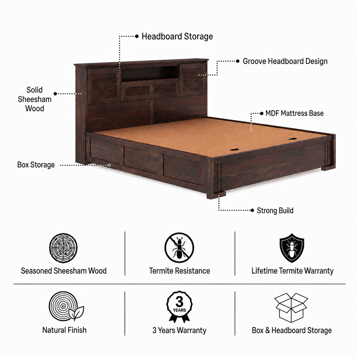 Maharaja Groove Solid Sheesham Wood Bed with Box and Headboard Storage - 3 years Warranty features