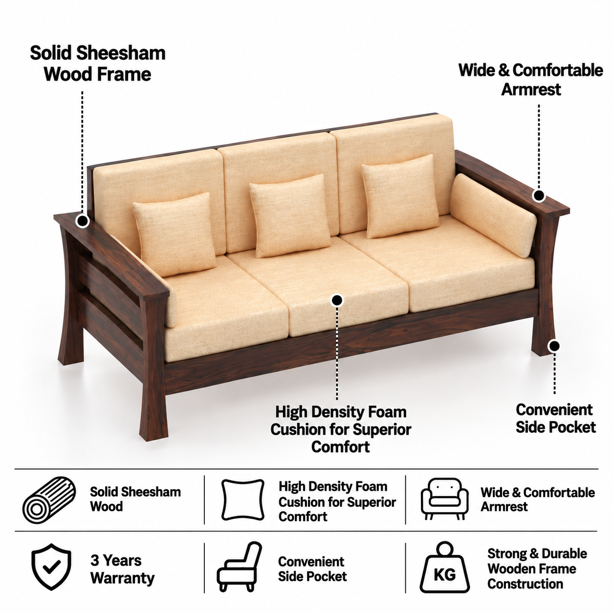 Nirvana Solid Sheesham Wood 3 Seater Sofa With Side Pockets - 3 years Warranty features